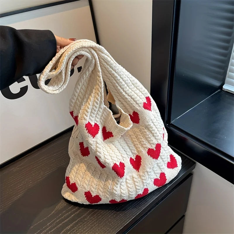 Love Heart Crochet Shoulder Bag | Knitted Woven Tote for Women Crochet Shoulder Bag QXL