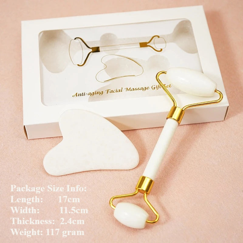 White Jade Roller & Gua Sha Set | Natural Facial Massager Jade Facial Roller Set QXL White SET