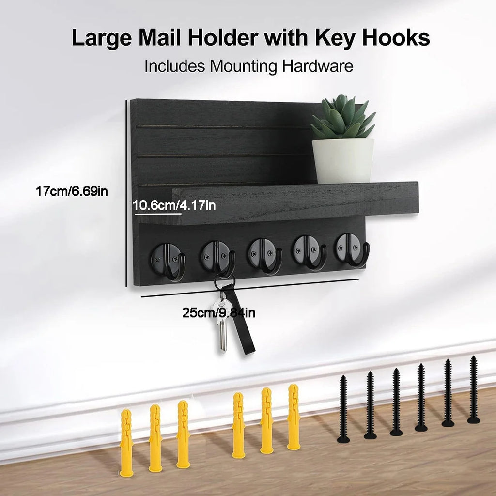 Wooden Wall-Mounted Rack with 5 Hooks | Key, Hat & Bag Holder Wall Hook Rack QXL