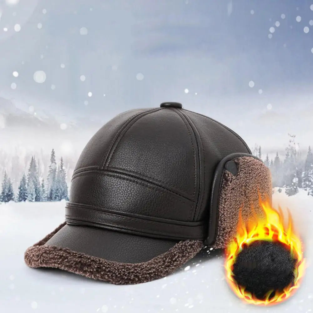 Men's Winter PU Leather Bomber Hat with Earflaps | Warm Cap Winter Bomber Hat QXL