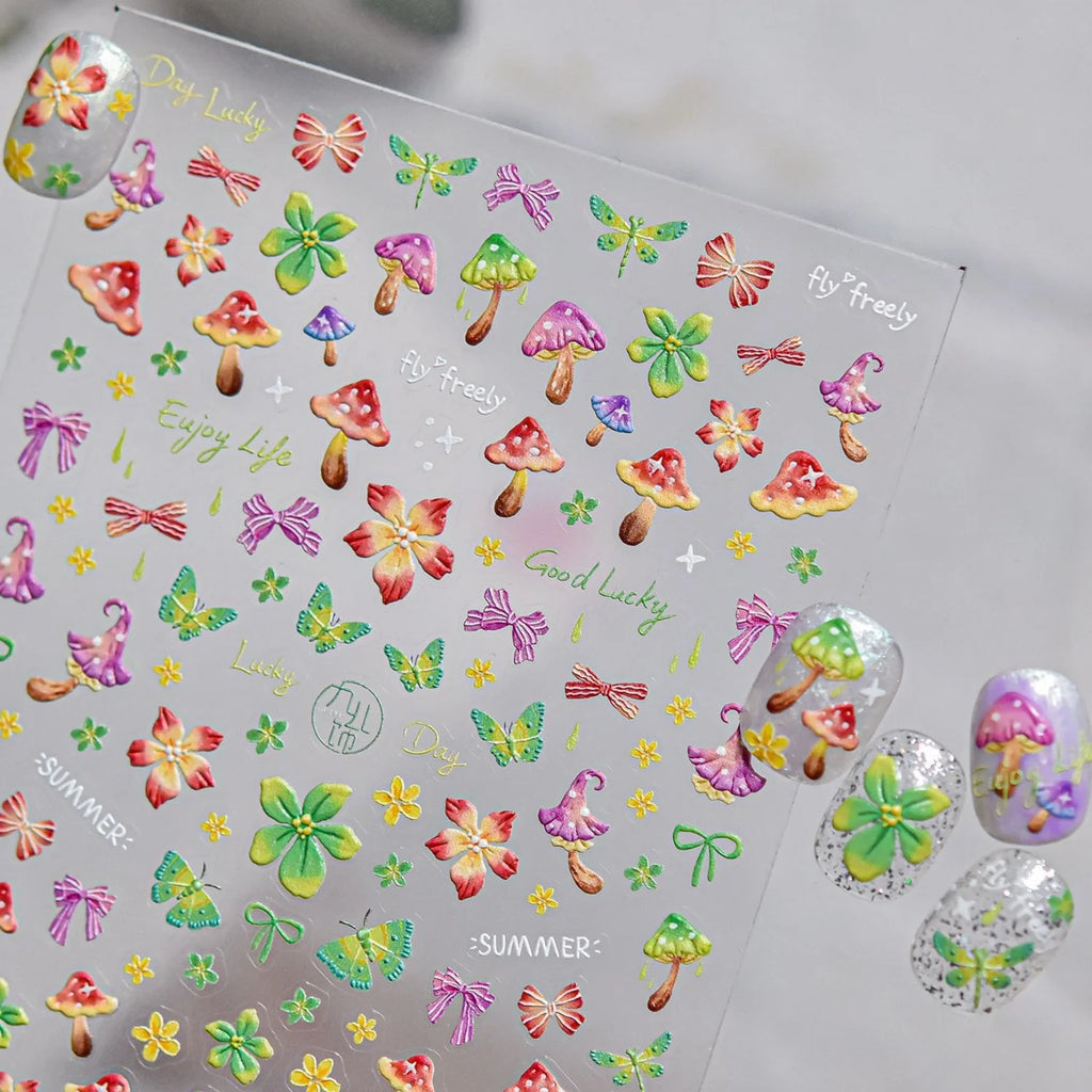 5D Embossed Nail Stickers – Mushroom Butterfly Floral Decals Nail Art Stickers QXL