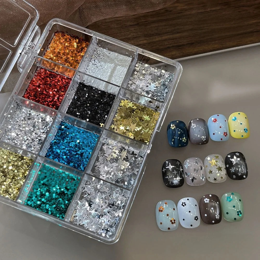 12-Grid Nail Art Sequins Kit | Glitter Flakes Stars & Dots Nail Art Glitter Set QXL