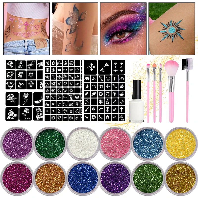 12-Color DIY Glitter Tattoo Kit | Stencils, Glue & Brushes Glitter Tattoo Kit QXL 4pcs