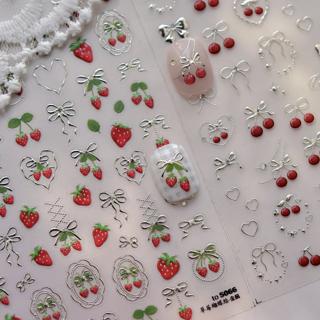 5D Strawberry Bow Metal Nail Art Stickers | Japanese Decals Nail Art Stickers QXL