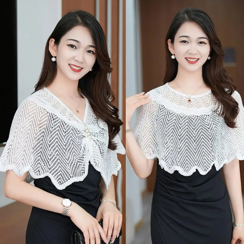 Women's Open-Knit Shawl Wrap with Pearl Brooch | One Size Knit Shawl Wrap QXL