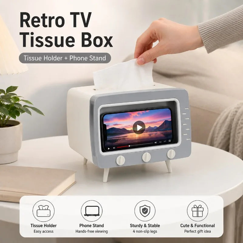 Retro TV Tissue Box Holder with Phone Stand | Desktop Decor Tissue Box Holder QXL