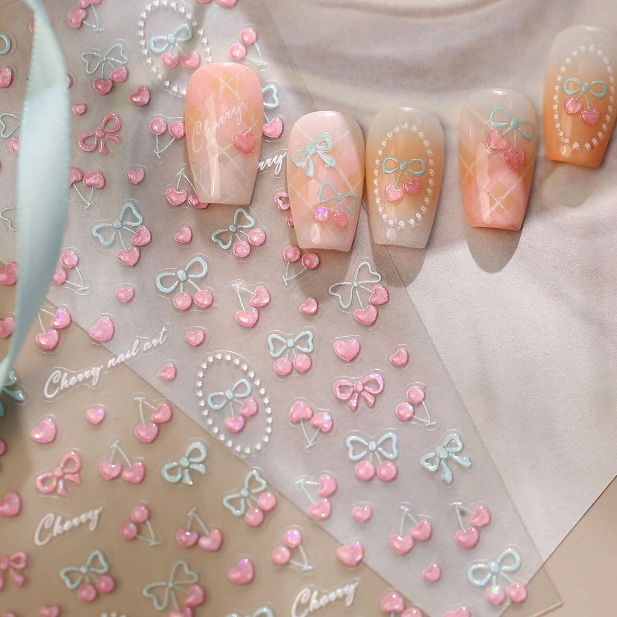 5D Bowknot Cherry Nail Art Stickers – Pearl Glitter Decals Nail Art Stickers QXL