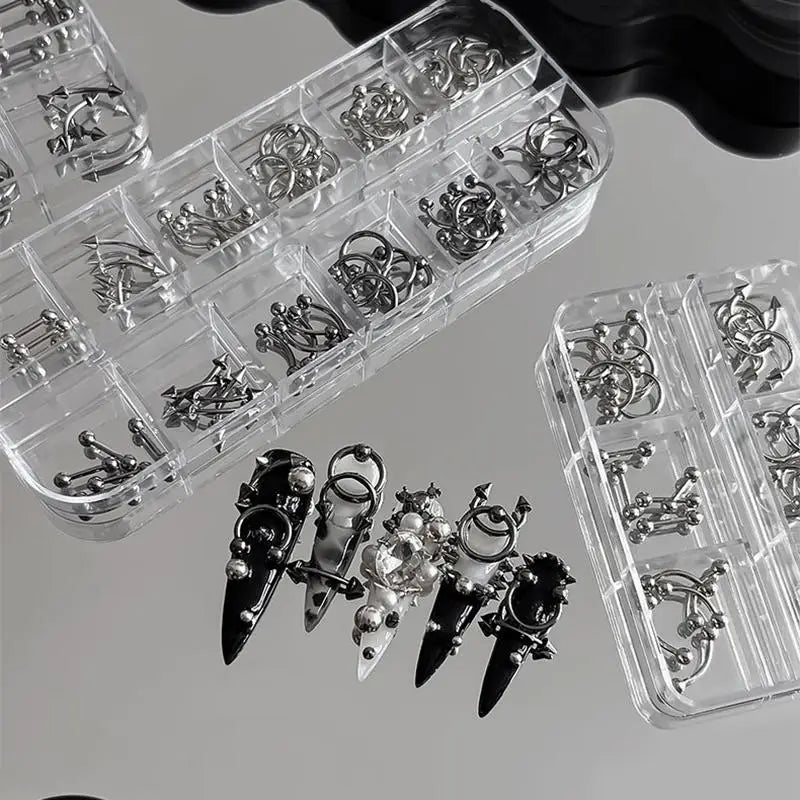 3D Metal Punk Circle Nail Charms | 30/60-Pack Black & White Nail Art Charms QXL
