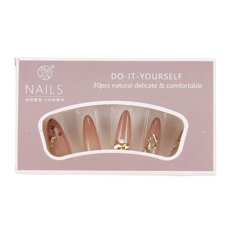 Cat-Eye Leopard Diamond French Press-On Nails | 10pc Set Press-On False Nails QXL