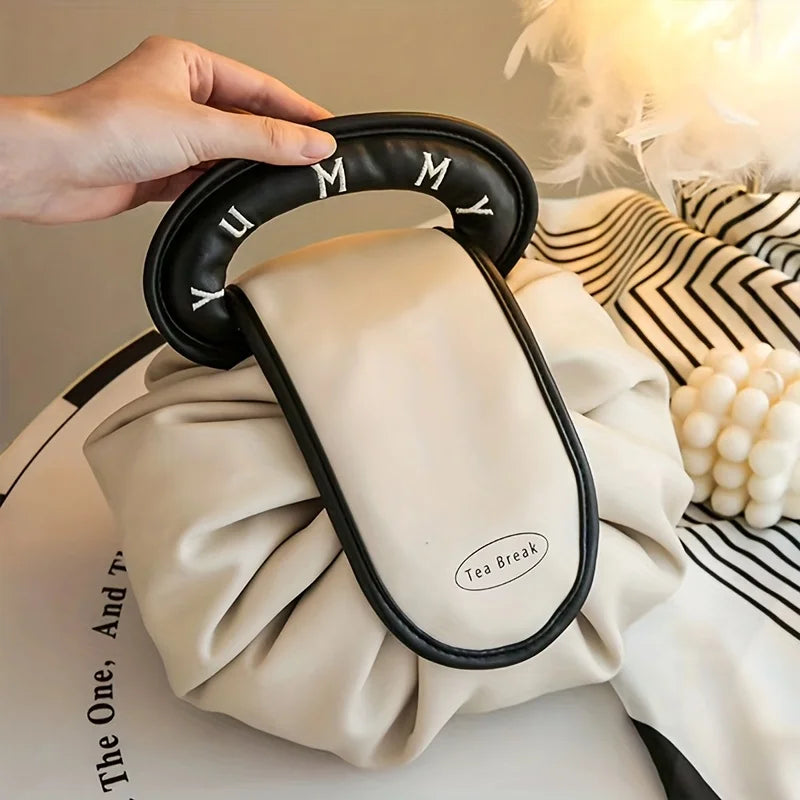 Drawstring Makeup Bag | PU Leather Travel Cosmetic Organizer Drawstring Cosmetic Bag QXL