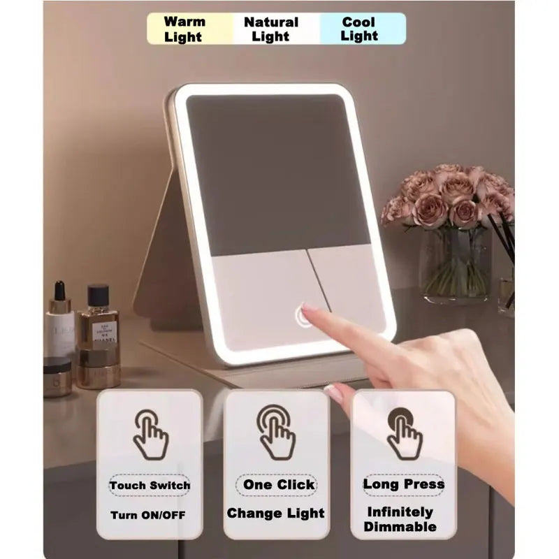 LED Vanity Mirror 3 Color Lights | Foldable USB Rechargeable LED Vanity Mirror QXL