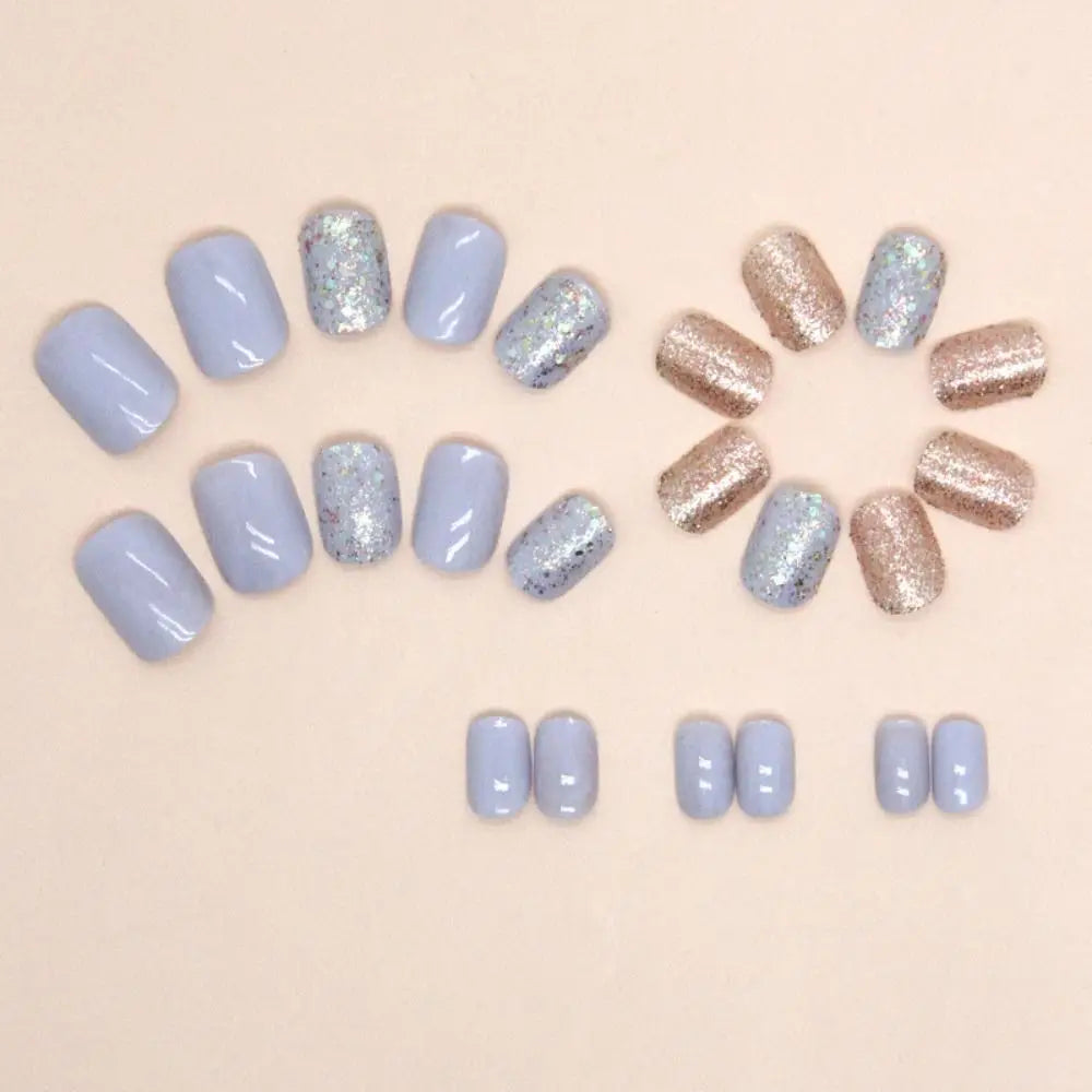 24-Pack Short Round French False Nails – Blue Pearl Hearts Press-On Nail Tips QXL