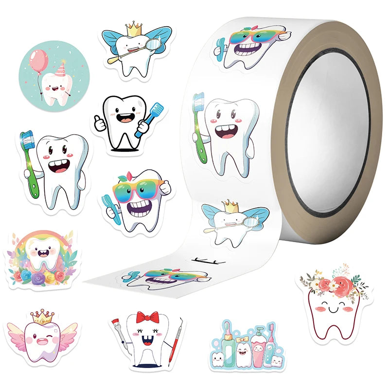 500 Cartoon Tooth Stickers Roll | Kids Dental Reward Stickers Reward Sticker Roll QXL