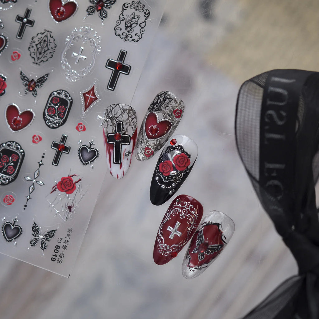 Gothic 5D Nail Stickers | Rose, Cross & Rhinestone Halloween Nail Art Stickers QXL