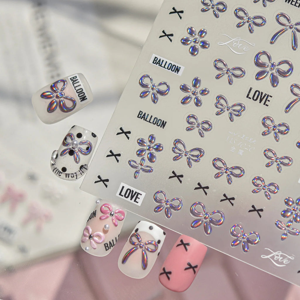 5D Holographic Nail Stickers – Bow & Flower Y2K Decals Nail Art Stickers QXL