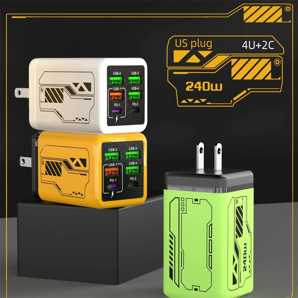 240W 6-Port USB-C PD QC 3.0 Fast Wall Charger EU/US/UK Multi-Port Wall Charger QXL