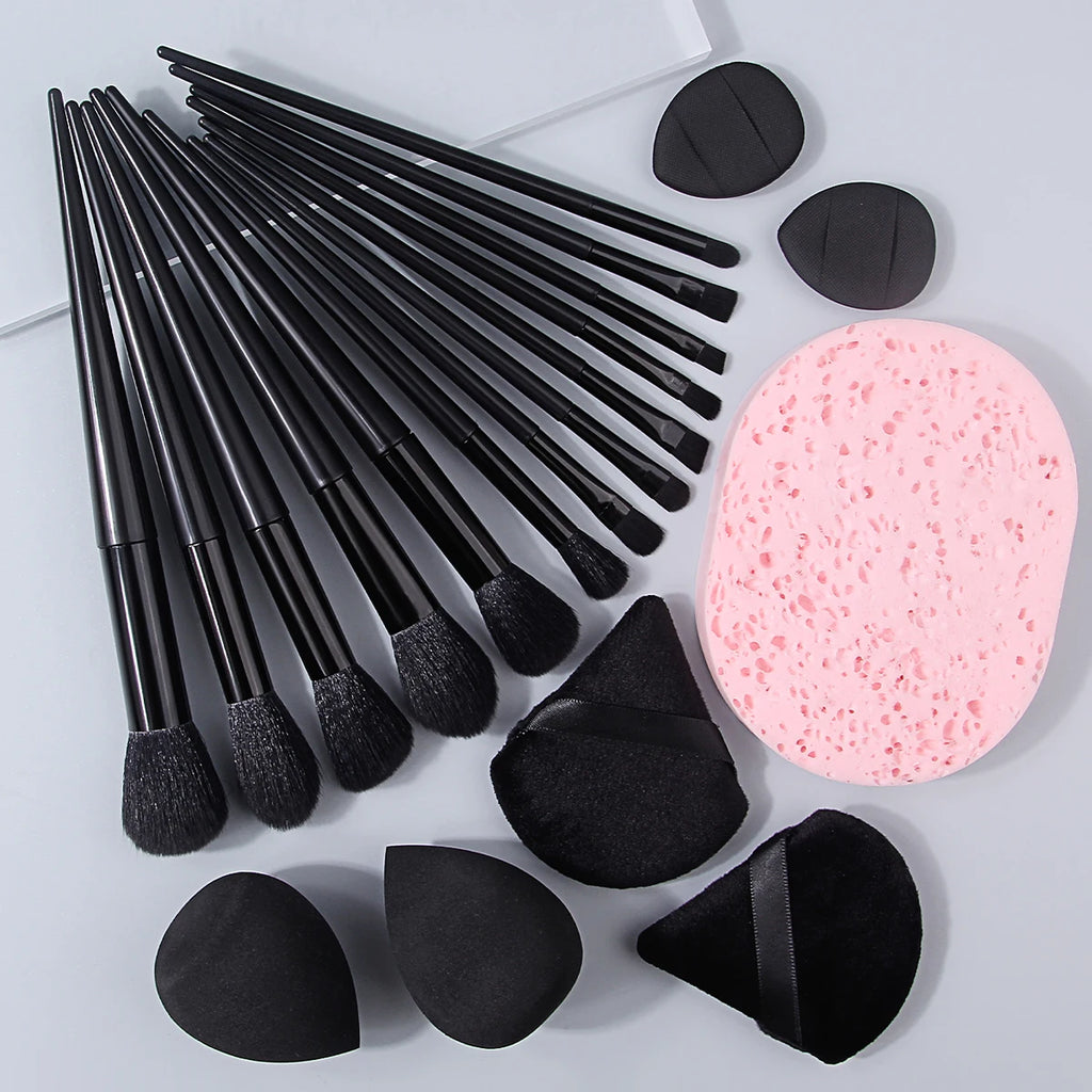 KOSSHOW 20-Pc Black Makeup Brush Set with Sponges & Puffs Makeup Brush Set QXL