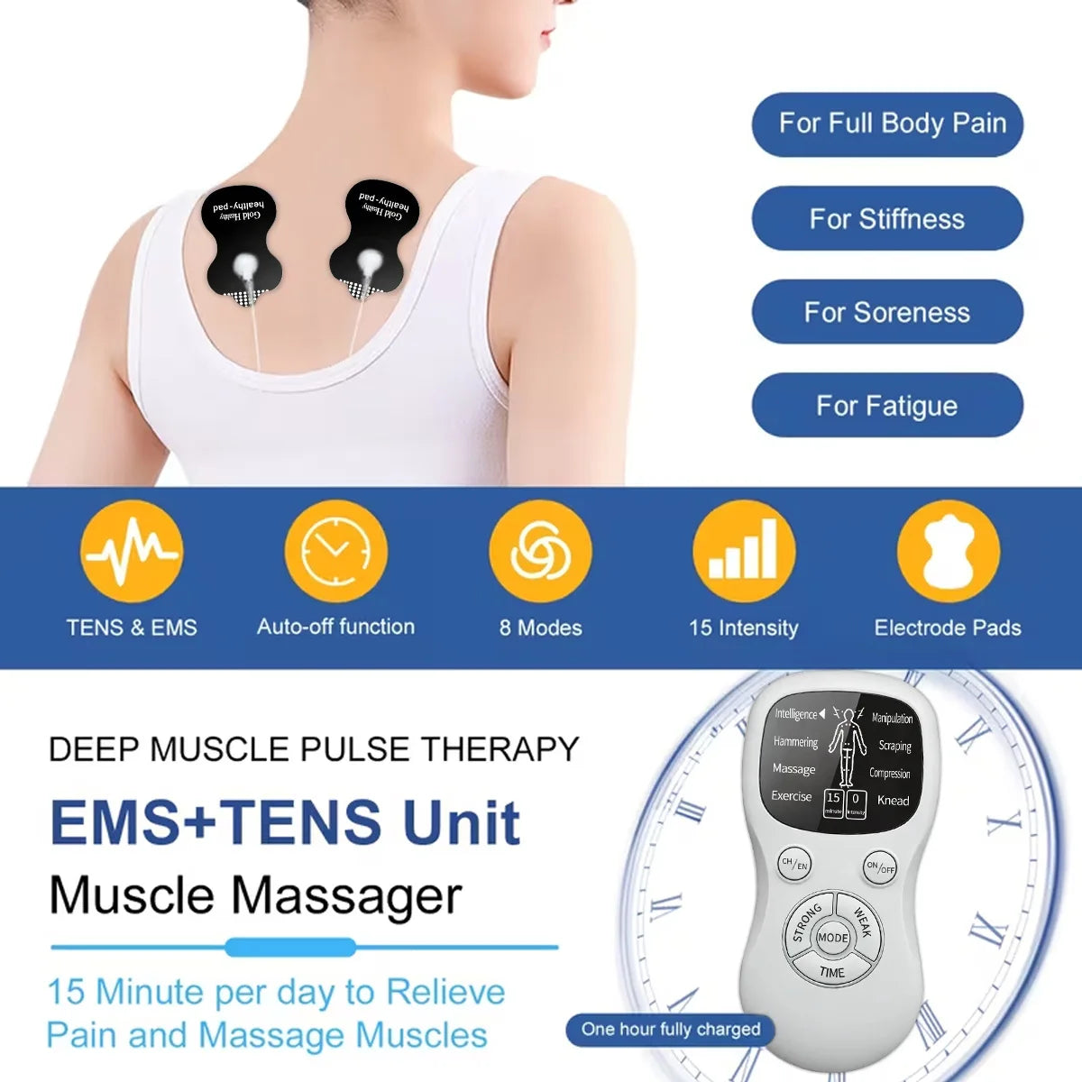 EMS & TENS Muscle Stimulator | 8 Modes, 15 Intensities Muscle Stimulator QXL