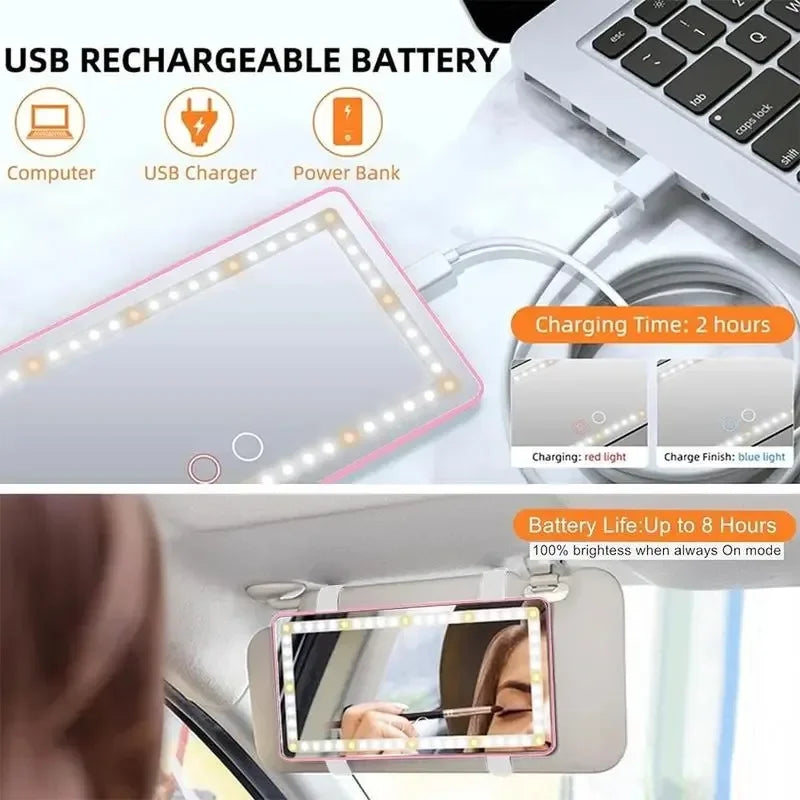 Car Sun Visor Vanity Mirror | 3-Color LED Lights, USB-C Rechargeable Car Vanity Mirror QXL