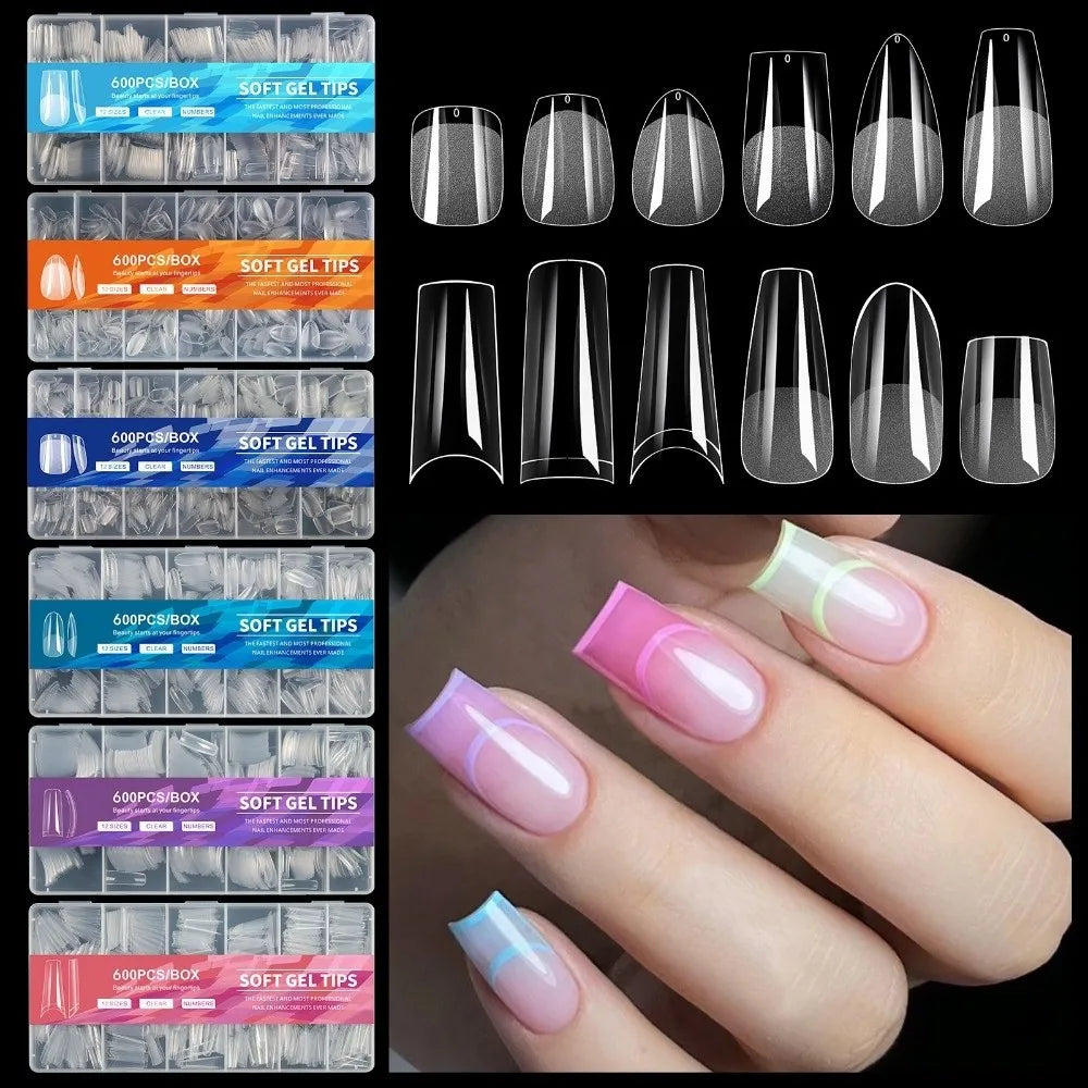 600-Pack Almond Short Transparent Full Cover Soft Gel Nail Tips False Nail Tips QXL