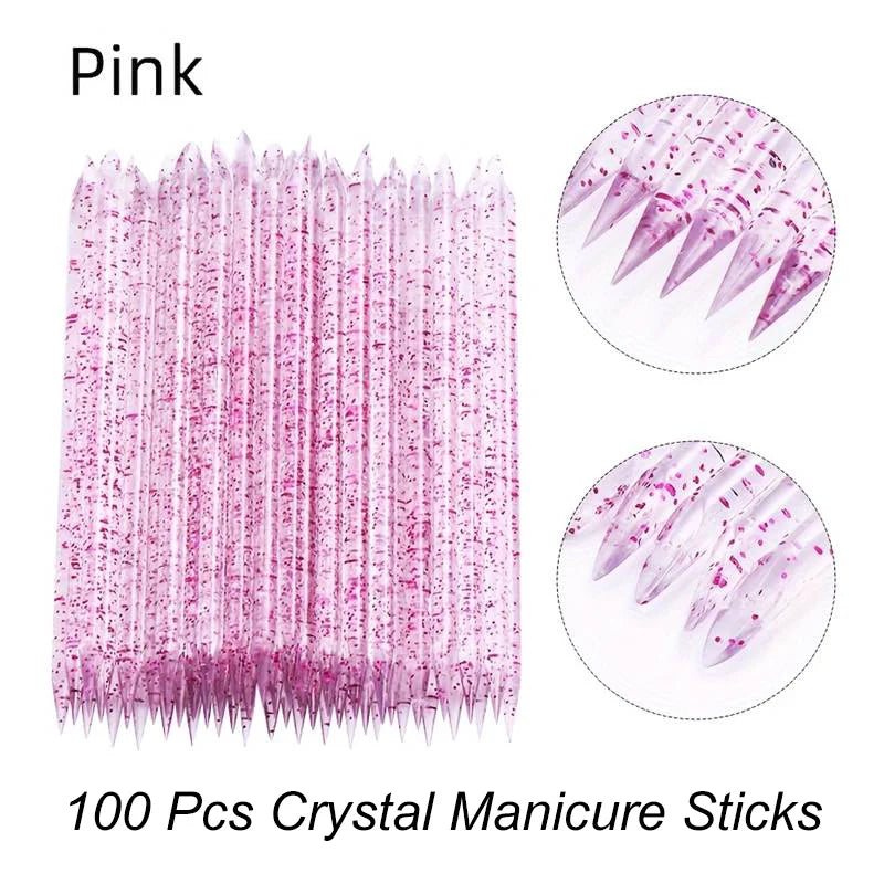 100-Pack Double-End Crystal Cuticle Pusher Sticks – Nail Art Cuticle Pusher Sticks QXL Pink 100PCS