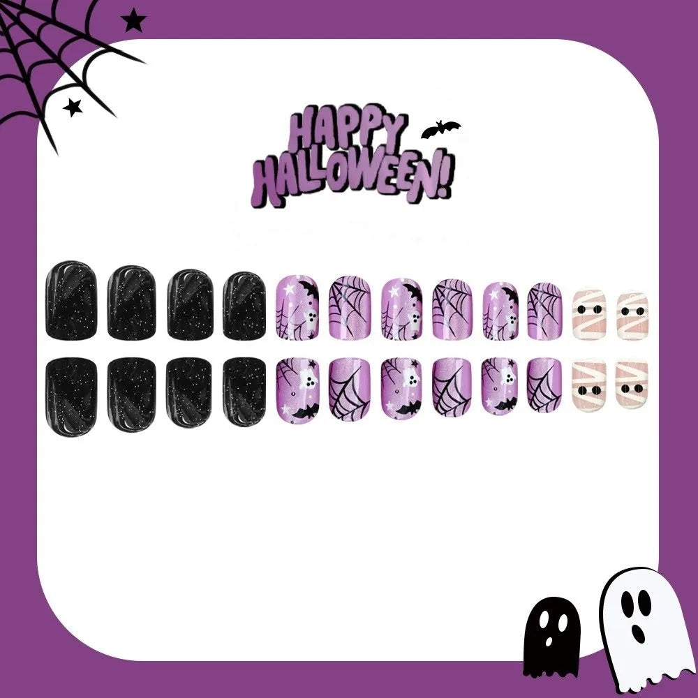 24-Pc Halloween Press-On Nails – Spider Web Bat Ghost Short Square Press-On Nail Set QXL