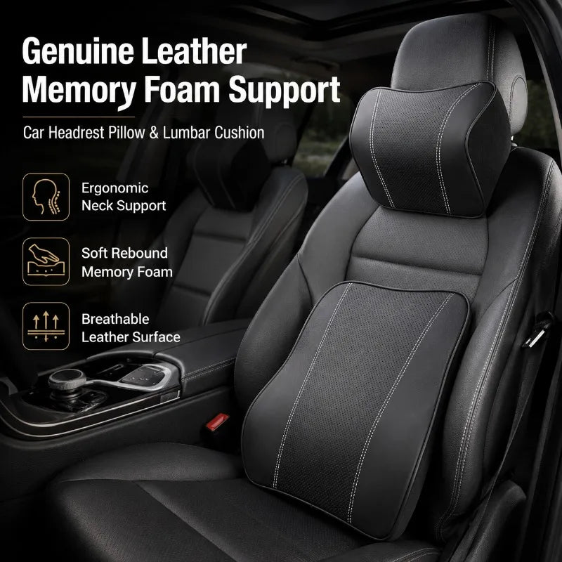 Leather Car Headrest Pillow & Lumbar Cushion | Memory Foam Car Seat Cushion Set QXL
