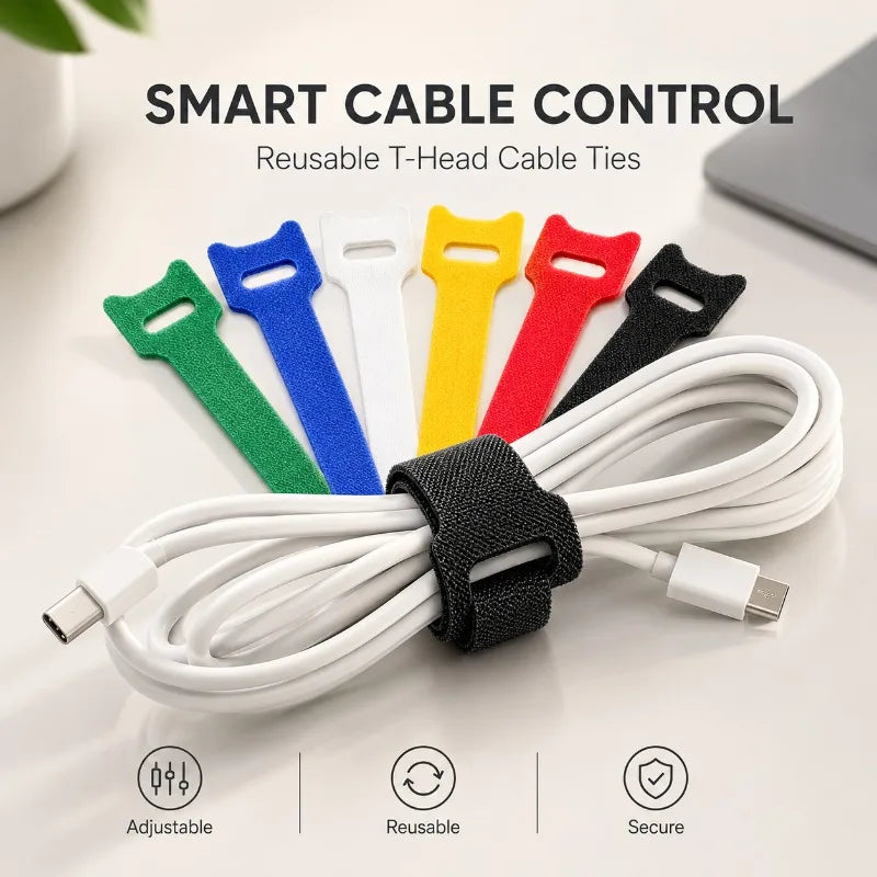 Reusable Hook & Loop Cable Ties | T-Head Nylon Organizer Cable Ties QXL
