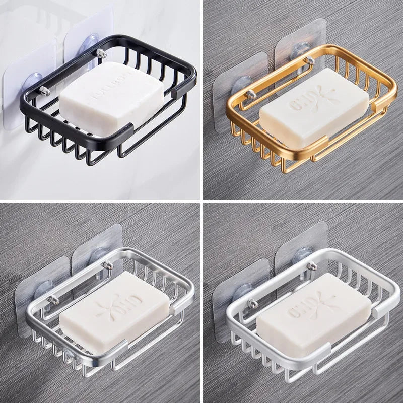 Drill-Free Wall-Mount Aluminum Soap Dish with Drainage | Black Soap Dish Holder QXL