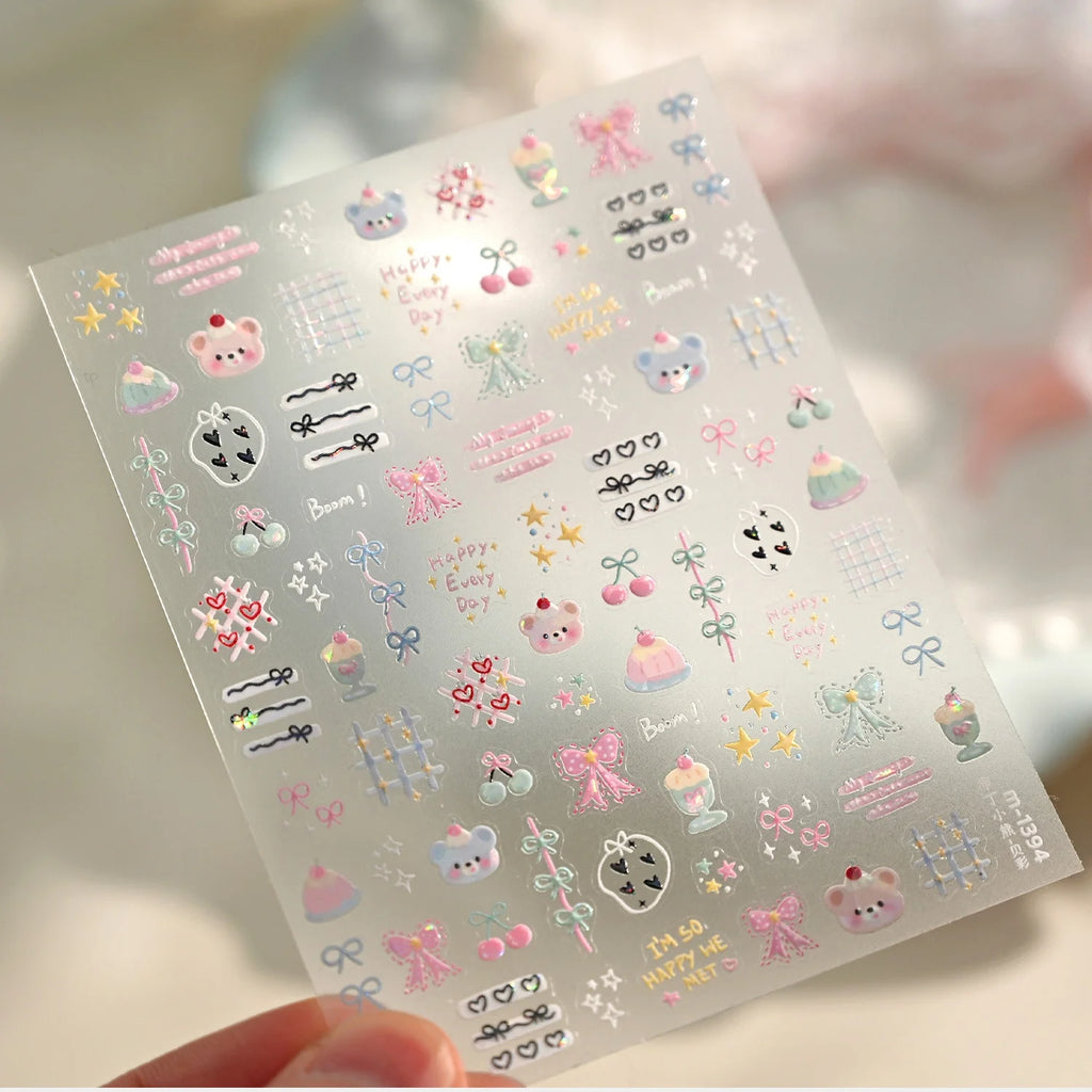 5D Embossed Nail Stickers – Cartoon Bear & Cake Design Nail Art Stickers QXL