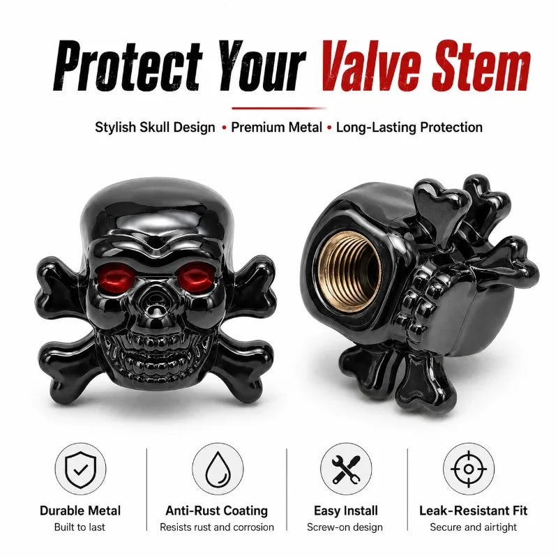4-Pack Skull Tire Valve Caps | Metal Schrader 8V1 Thread Tire Valve Caps QXL