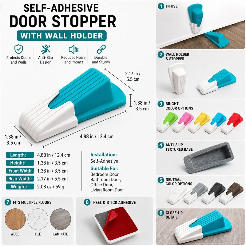 Self-Adhesive Wedge Door Stopper with Wall Holder | No-Drill Wedge Door Stopper QXL