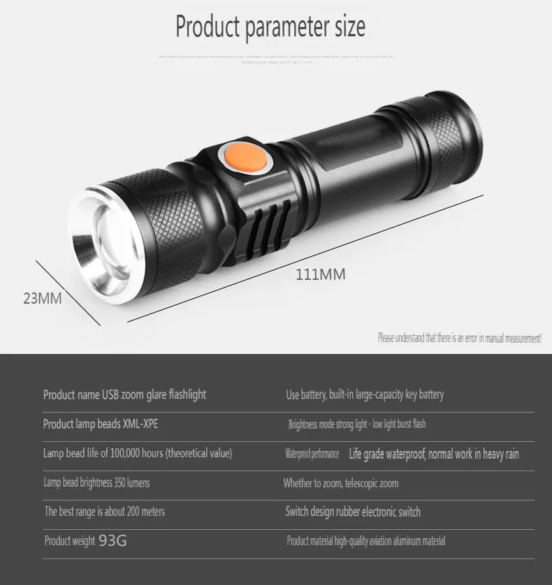Aluminum Alloy LED Flashlight | USB Rechargeable 300 Lumen LED Flashlight QXL
