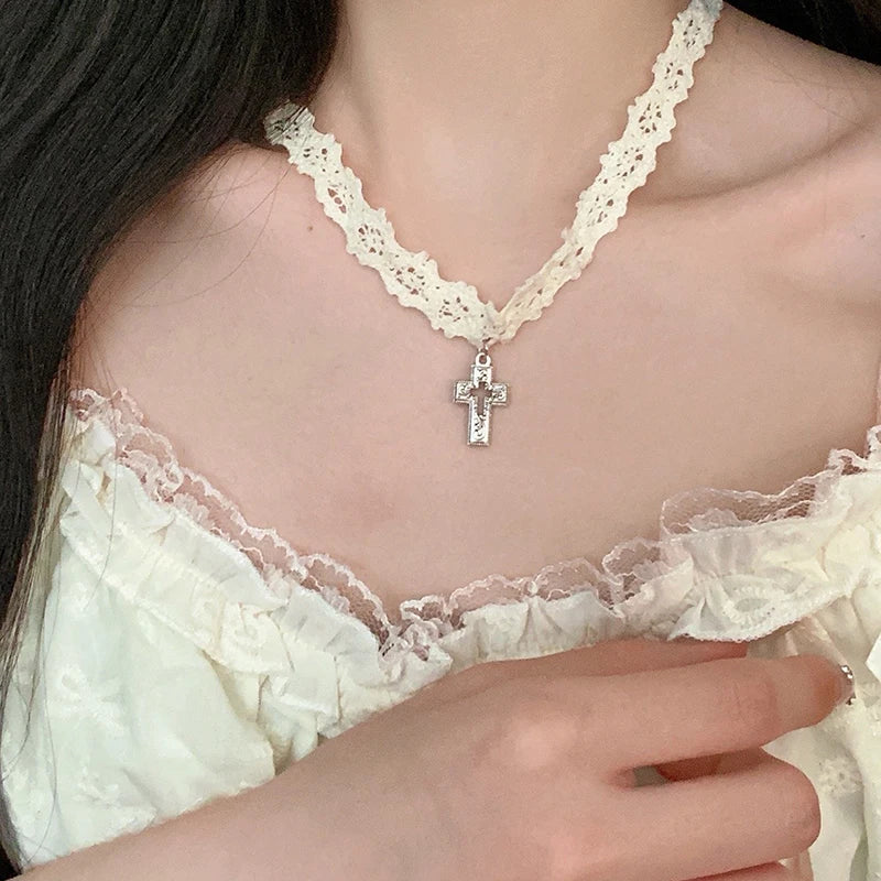 Hollow Cross Pendant Lace Choker Necklace for Women Choker Necklace QXL