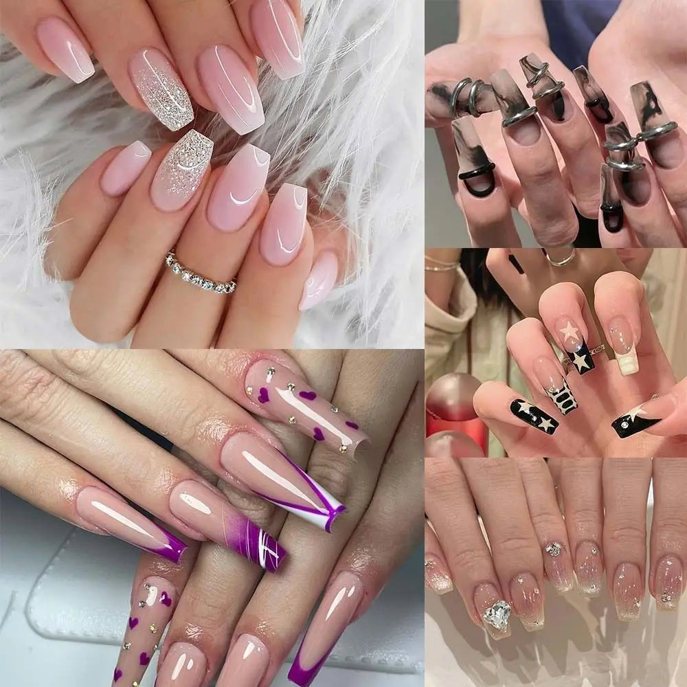 Long Ballerina False Nails | Star Purple Glitter French Tips 24pc False Nail Tips QXL