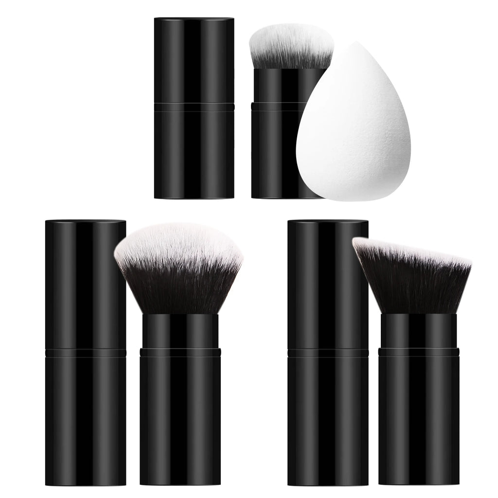 Ronshadow 3-Pc Retractable Powder Brush, Blush Brush & Sponge Makeup Brush Set QXL black