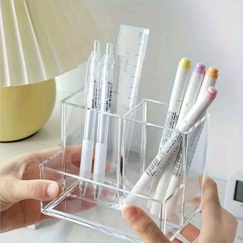 Acrylic 3-Grid Pen Holder | Clear Desktop Organizer Desktop Pen Organizer QXL