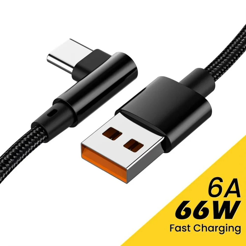 66W 90° USB-C Fast Charging Cable 6A Nylon Braided Right Angle USB-C Charging Cable QXL