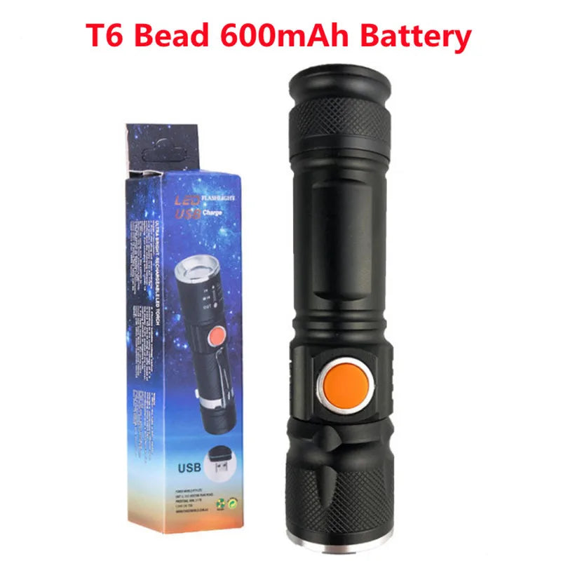 Aluminum Alloy LED Flashlight | USB Rechargeable 300 Lumen LED Flashlight QXL T6-600mA black ZOOM|Lithium Metal