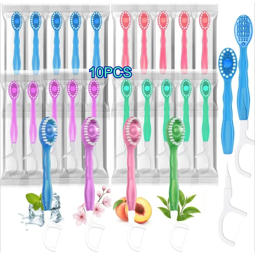 10-Pack Disposable Travel Toothbrush Set with Floss – 4 Flavors Disposable Travel Toothbrush QXL 10Pcs Mixed