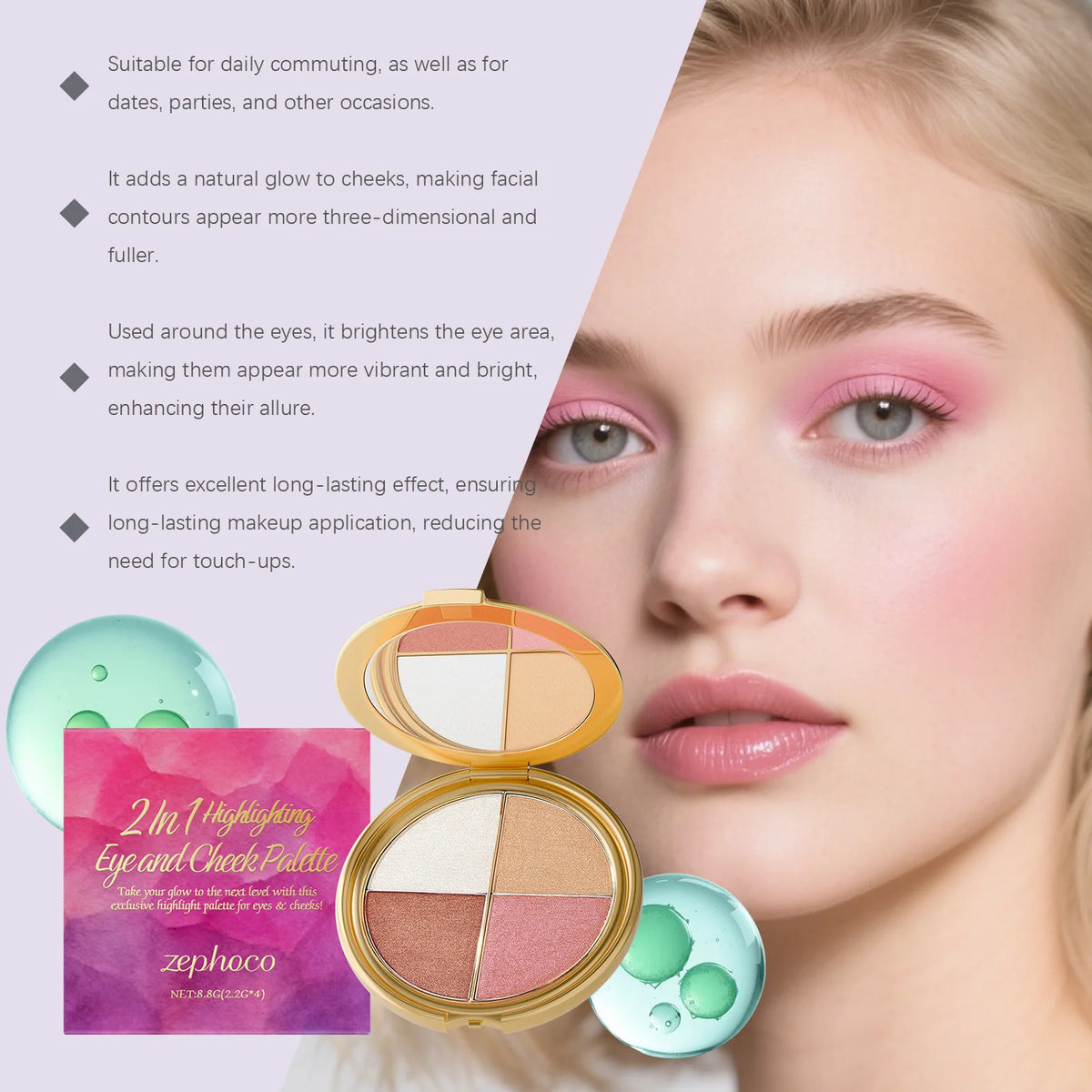 3-in-1 Highlighter Eyeshadow & Blush Palette | Glowing Makeup Makeup Palette QXL