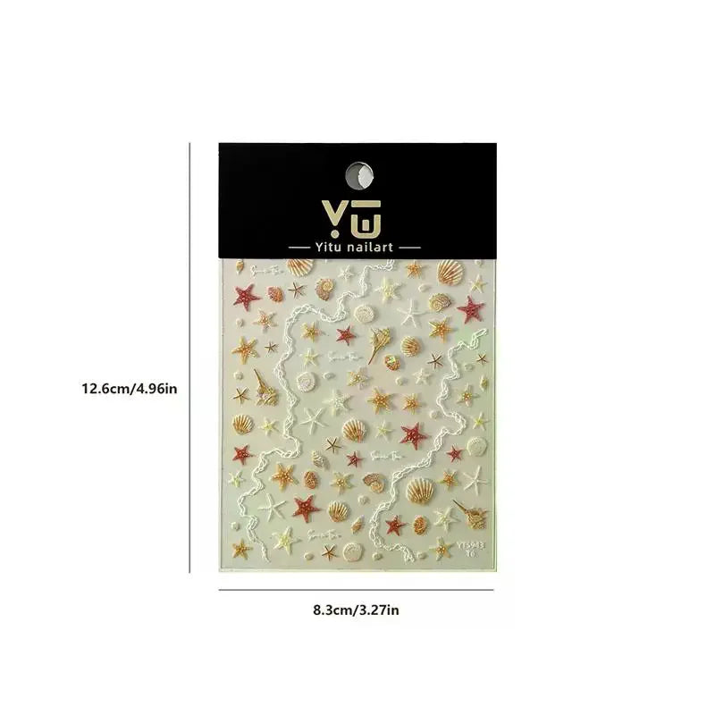 5D Summer Seashell Nail Stickers | Embossed Starfish Decals Nail Art Stickers QXL