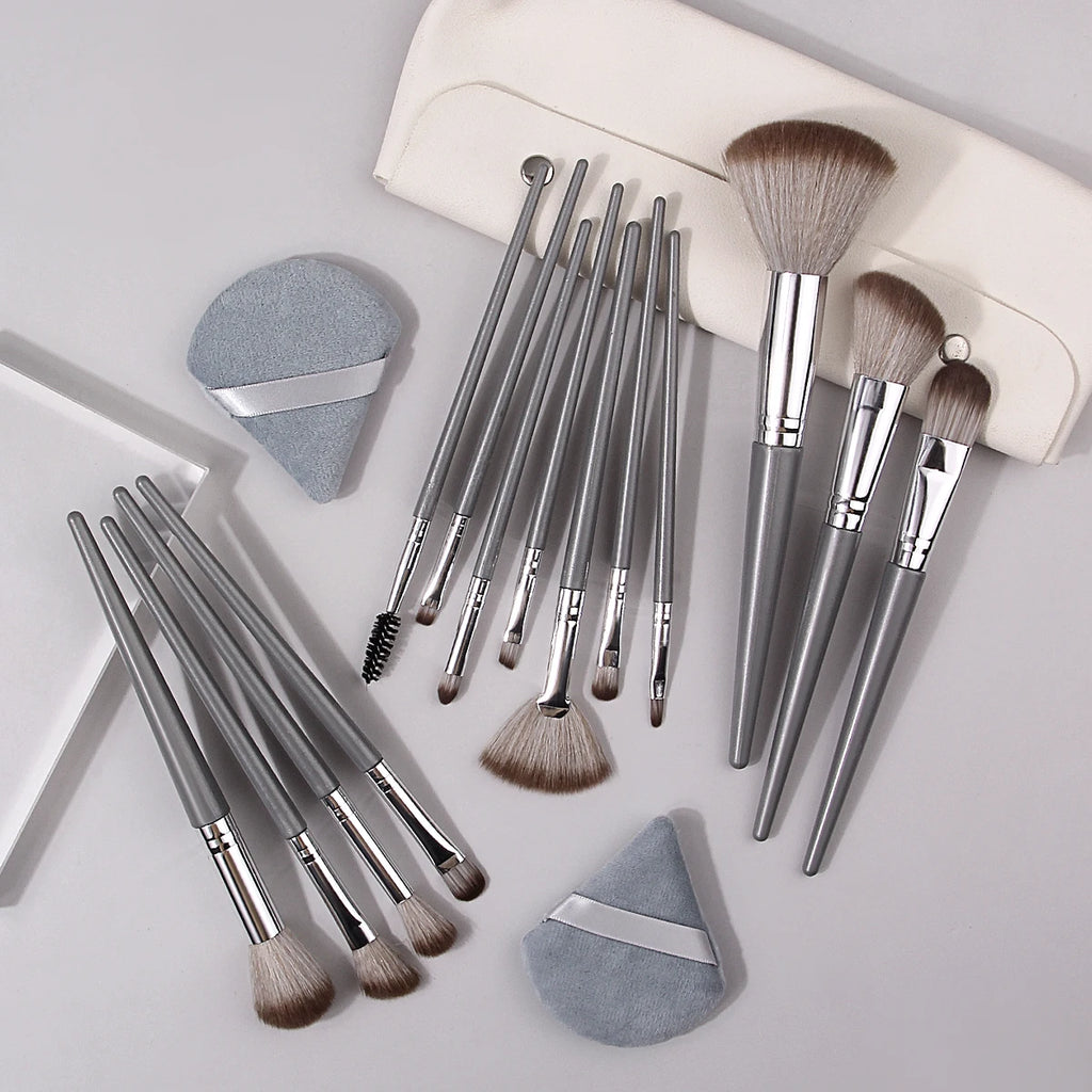 KOSSHOW 17-Pc Grey Makeup Brush Set with PU Travel Pouch Makeup Brush Set QXL