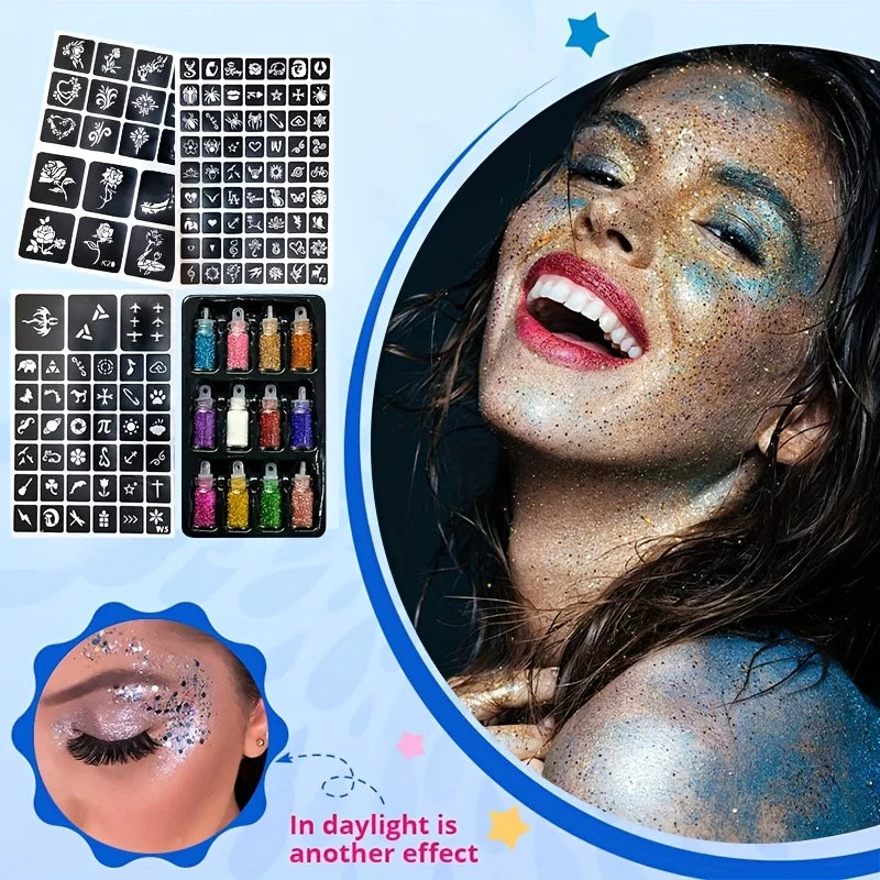 12-Color Temporary Tattoo Glitter Kit | Glue, Brushes & Stencils Body Glitter Kit QXL