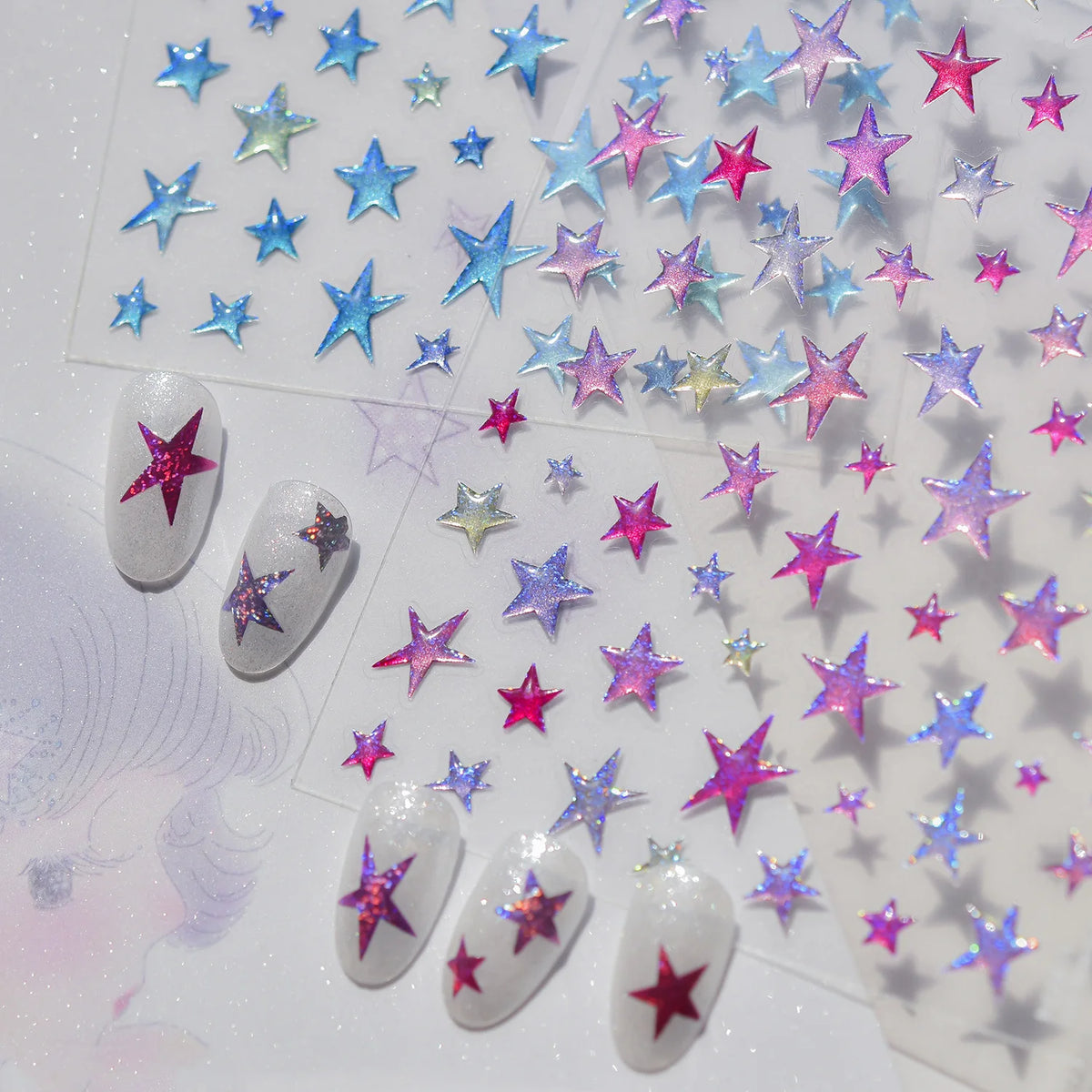 Kawaii Glitter Jelly Star Nail Stickers – Gradient Self-Adhesive Nail Art Stickers QXL