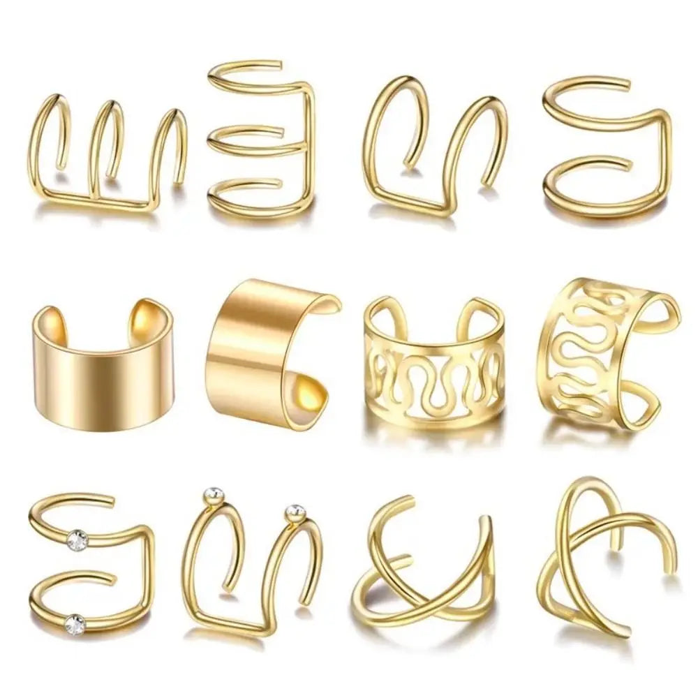 12-Pc Crystal Rhinestone Braid Clips & Non-Piercing Ear Cuffs Hair Jewelry Clips QXL Gold