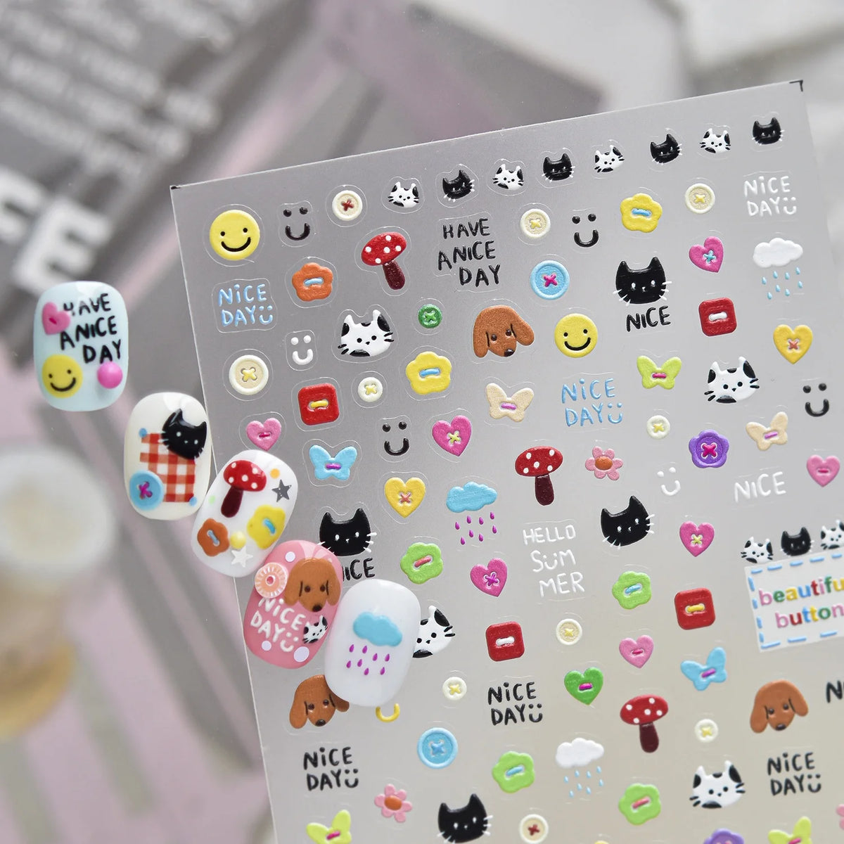 5D Cartoon Nail Stickers – Cat, Heart, Mushroom & Bow Decals Nail Art Stickers QXL