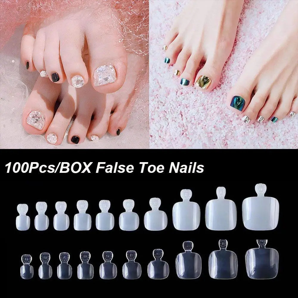 100-Pack Clear False Toenail Tips | 10 Sizes Full Nail Set False Toenail Tips QXL