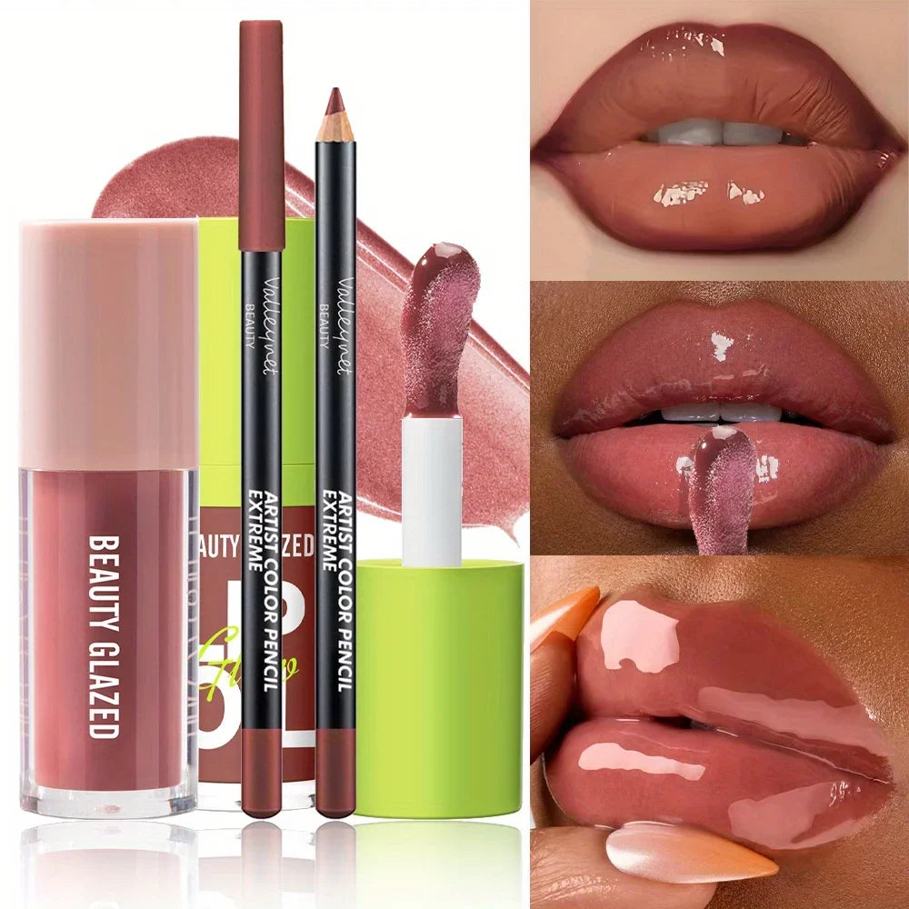 3-Piece Nude Lip Glaze & Lip Liner Set | Waterproof Long-Lasting Lip Glaze & Liner Set QXL