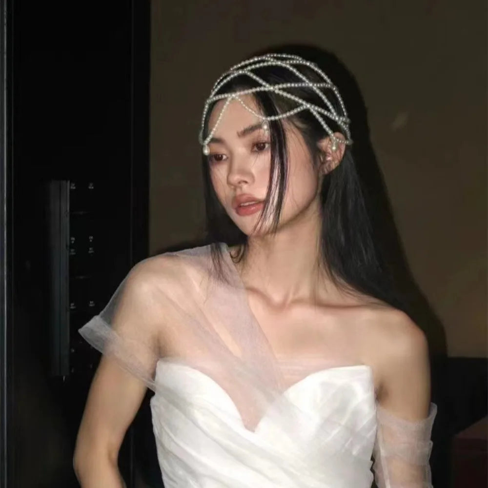 Handmade Pearl Beaded Bridal Hat | Mesh Tassel Wedding Headpiece Bridal Hat QXL